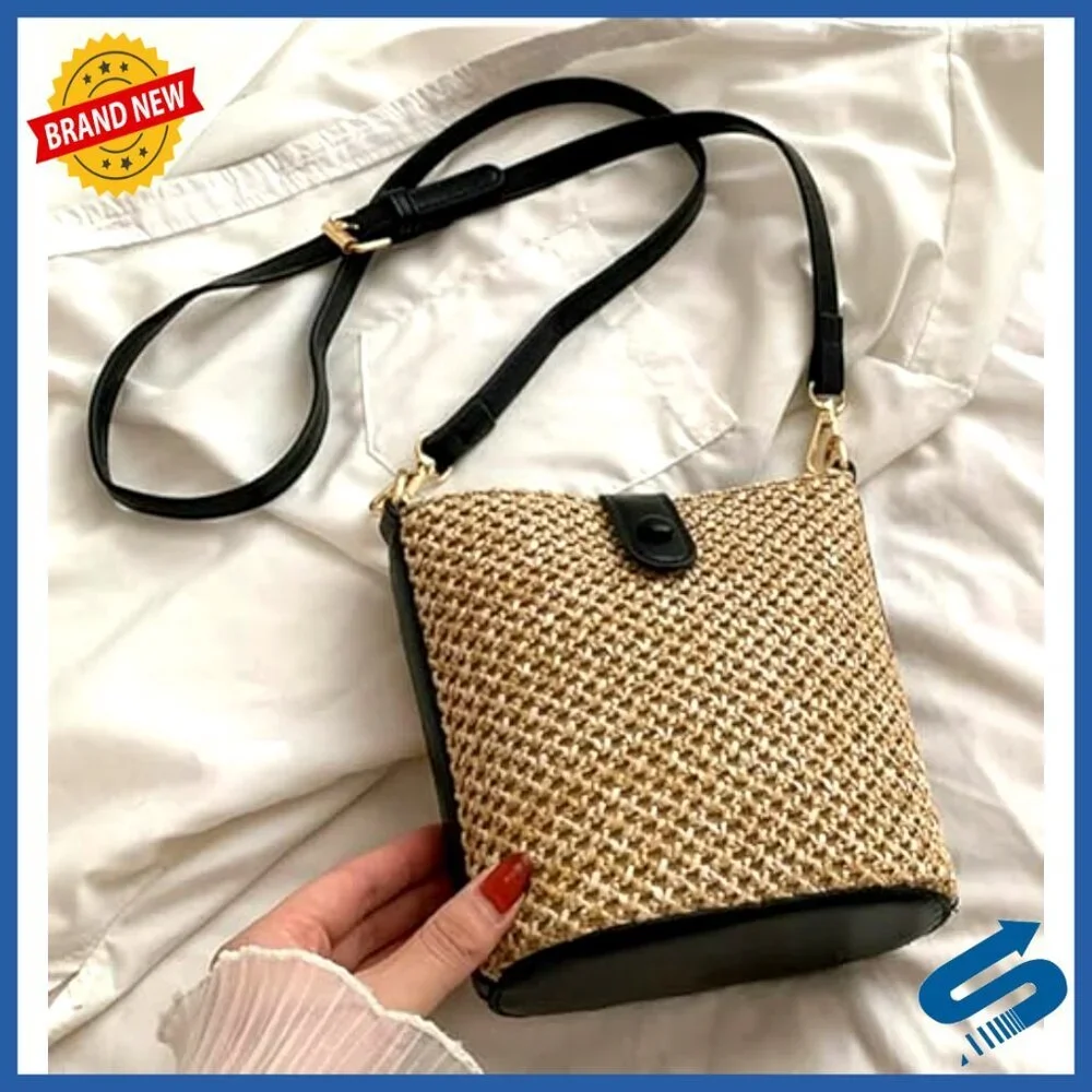 Straw Crossbody Bag Rattan Handwoven Bucket Purse Summer Boho Chic